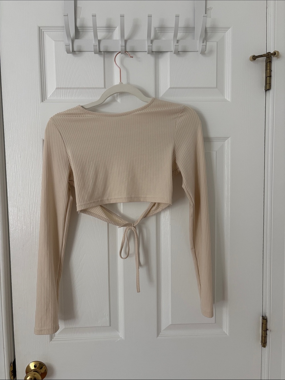Ribbed Long-Sleeve Tie-Back Crop Top - Cream